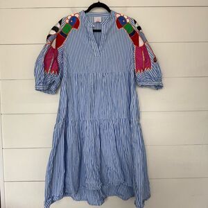 Stella Jean Blue & Multicolor Striped Midi Dress with Embroidered Sleeves